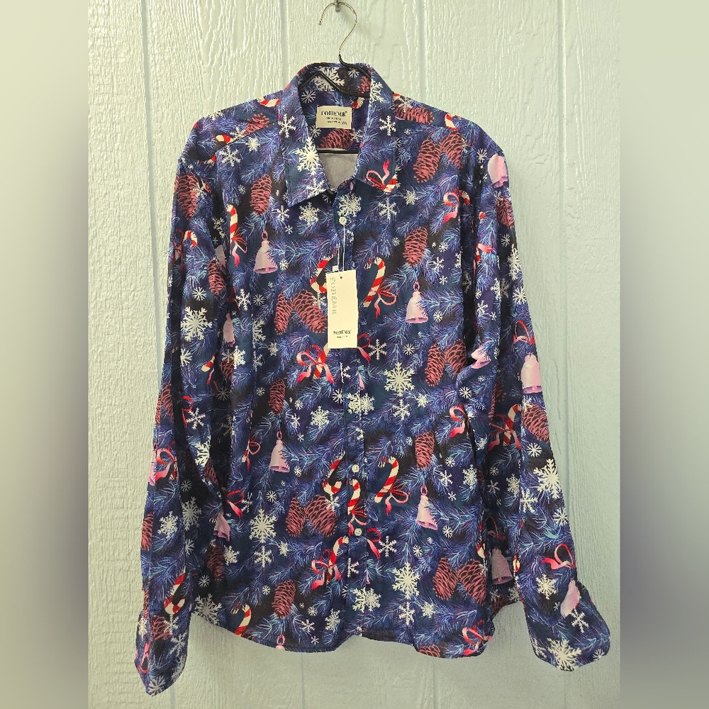 NWT 2X Fohemr Men's Festive Blue Christmas Shirt